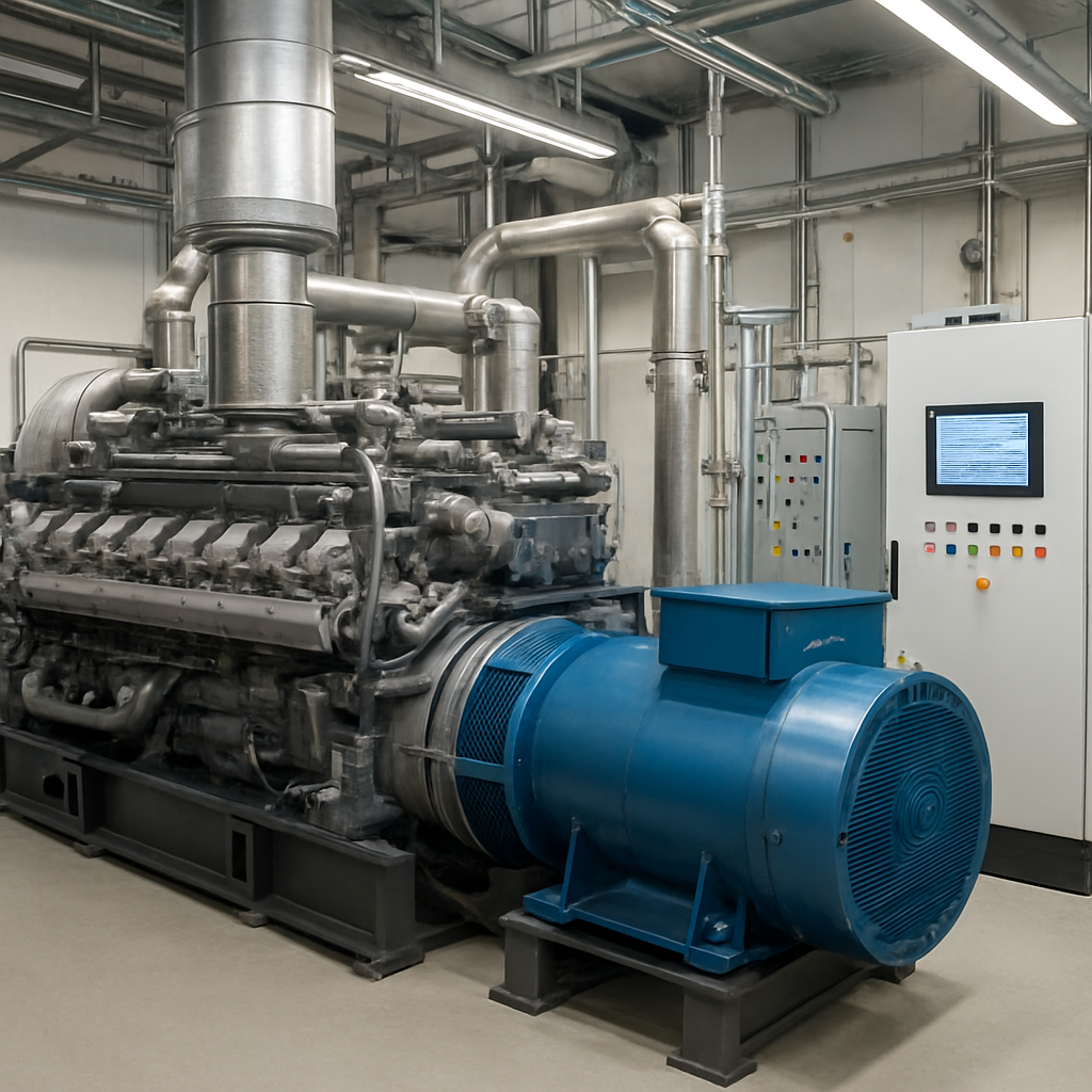 CHP cogenerator with gas engine — industrial power plant with Deif, ComAp, Woodward controller