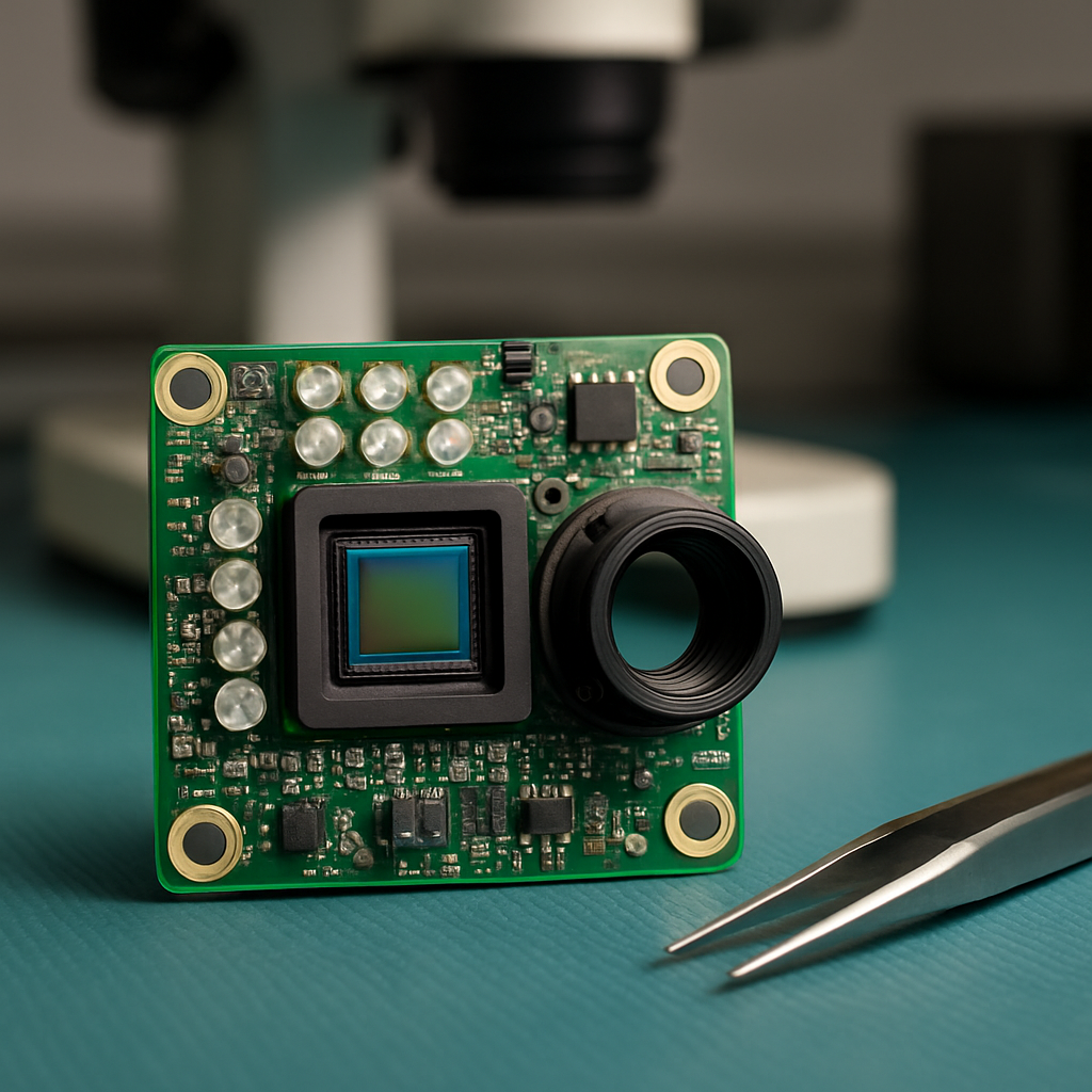 AMS camera module PCB repair — CMOS sensor, IR LED array, FFC cable