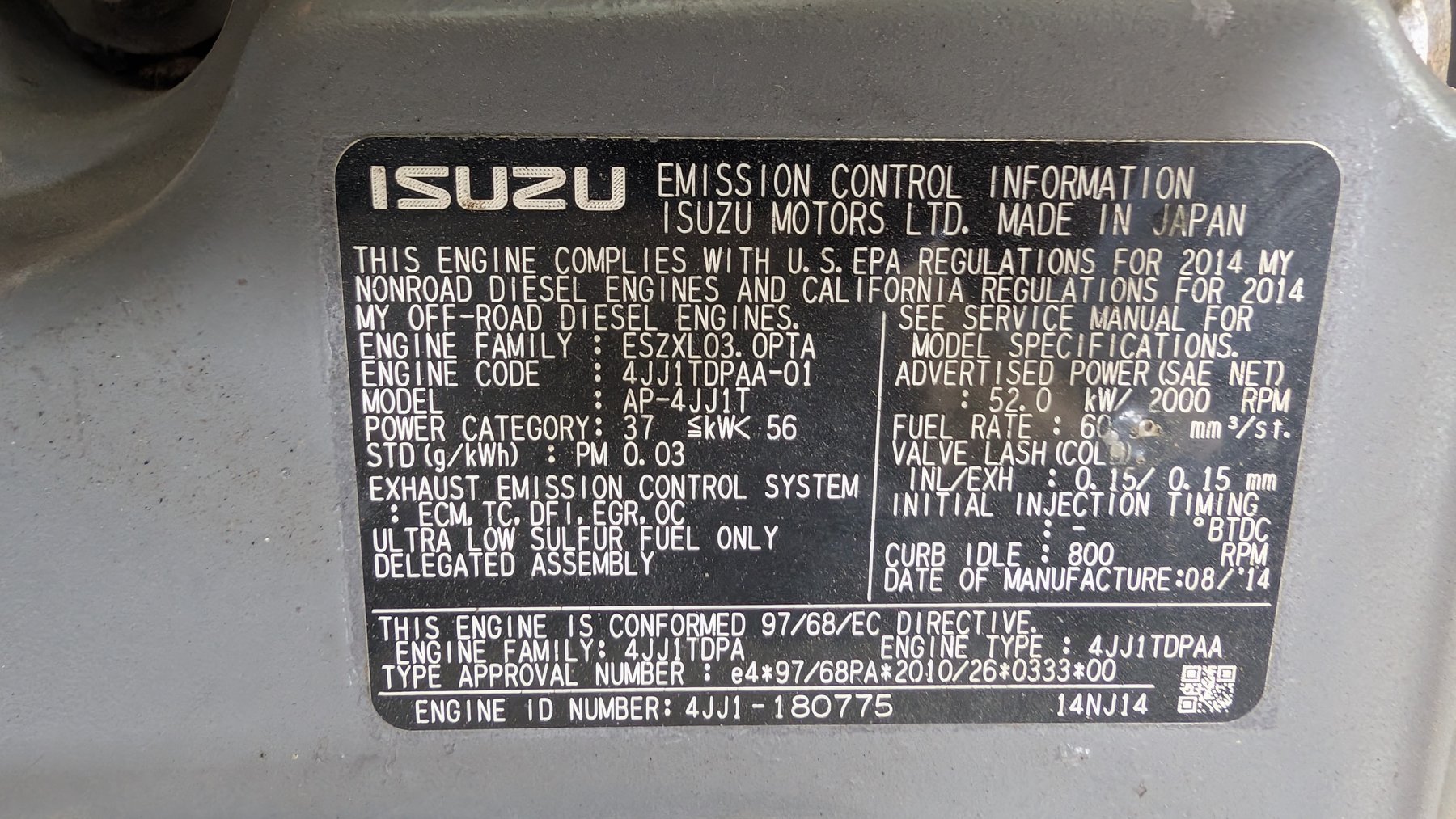 Isuzu emission control information label 4JJ1TDPAA-01 listing ECM, TC, DFI, EGR, OC, engine number 4JJ1-180775