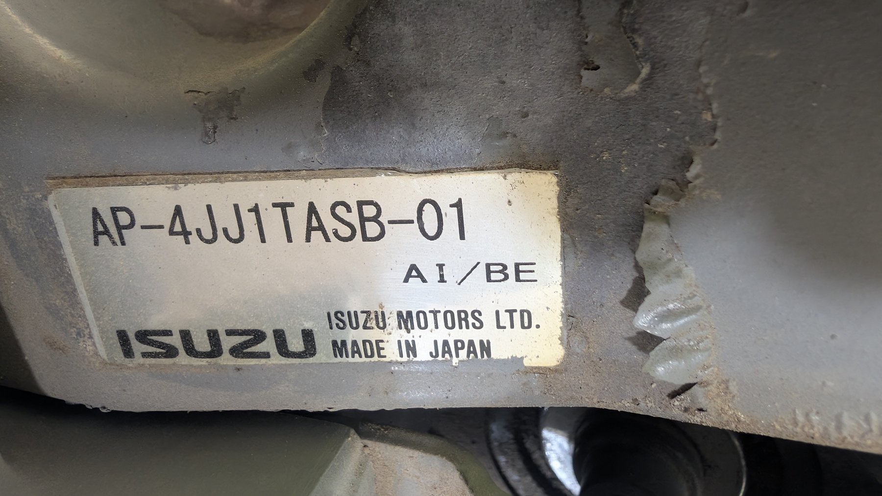 Isuzu engine nameplate AP-4JJ1TASB-01 AI/BE, Isuzu Motors Ltd., Made in Japan