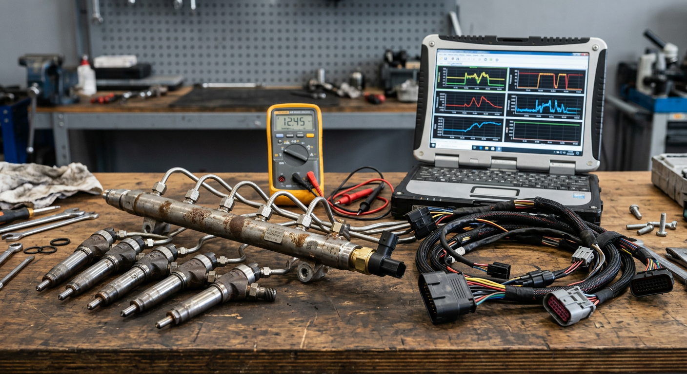 Common rail components: rail with pressure sensor, injectors, wiring harness and multimeter on a workshop table