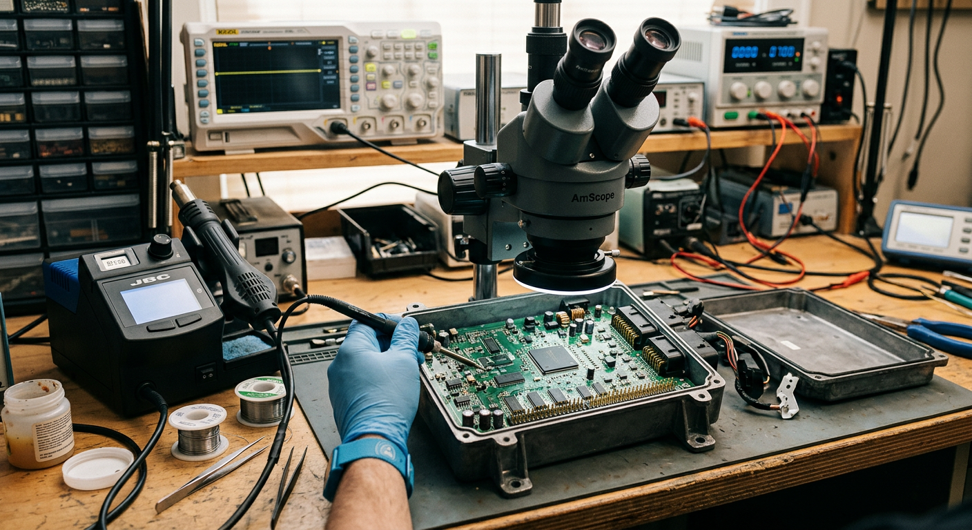 Isuzu engine ECM circuit board on a service bench with a microscope and soldering station