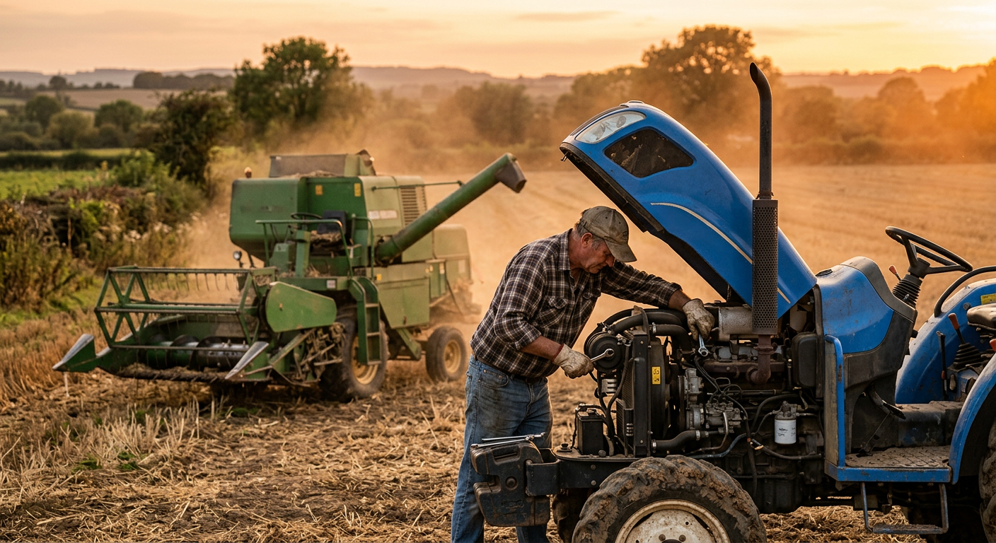 Tractor and agricultural machine with the diesel engine hood open during electronics diagnostics in the field