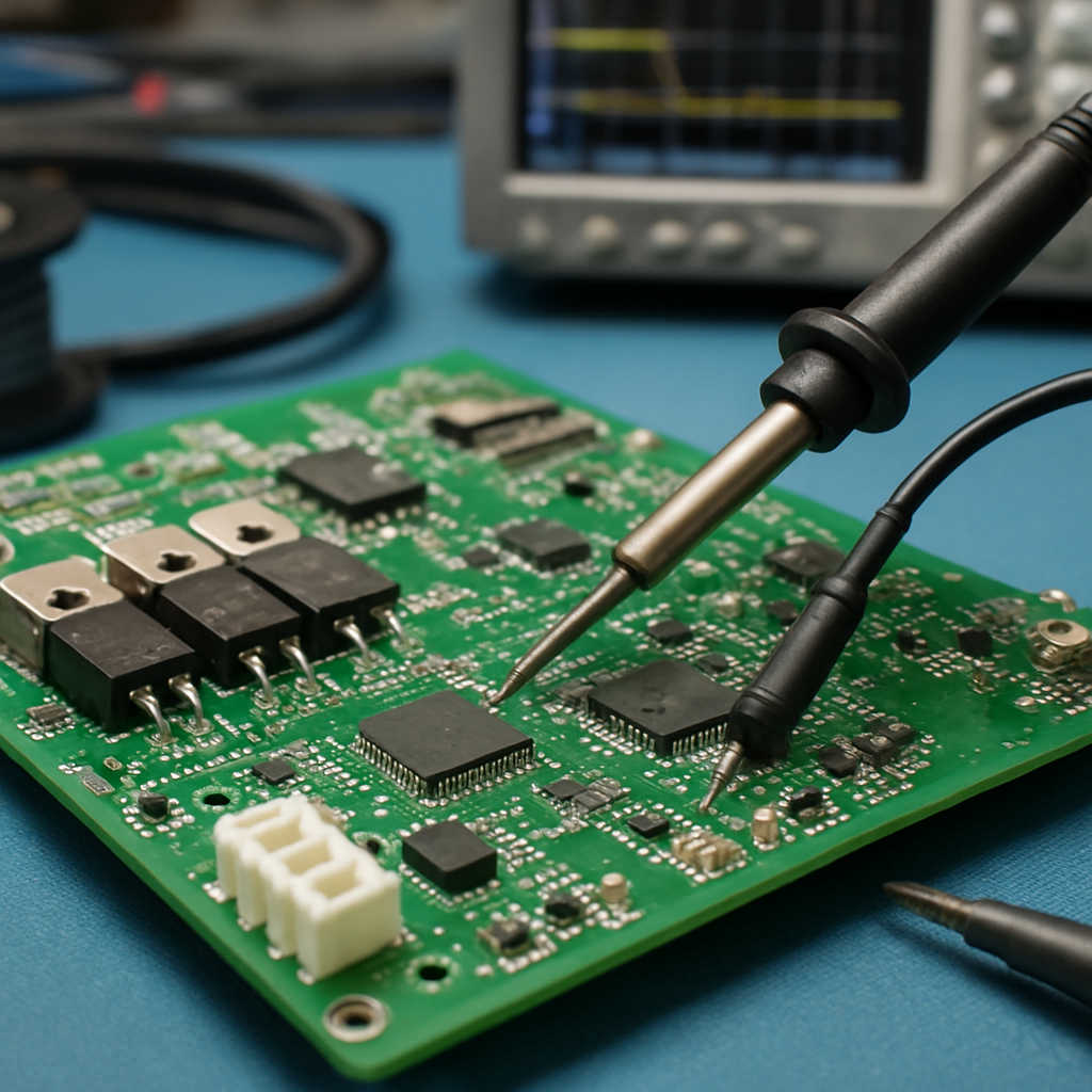 Riparazione PCB controller JLG — diagnostica oscilloscopio, sostituzione MOSFET, riparazione CAN bus