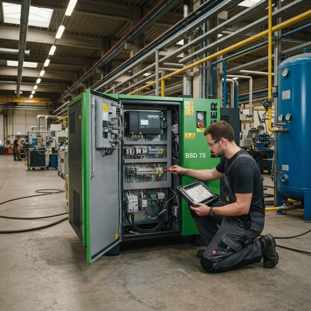 Screw compressor in a production hall with an open electrical control cabinet, technician checking the controller board with a diagnostic tablet