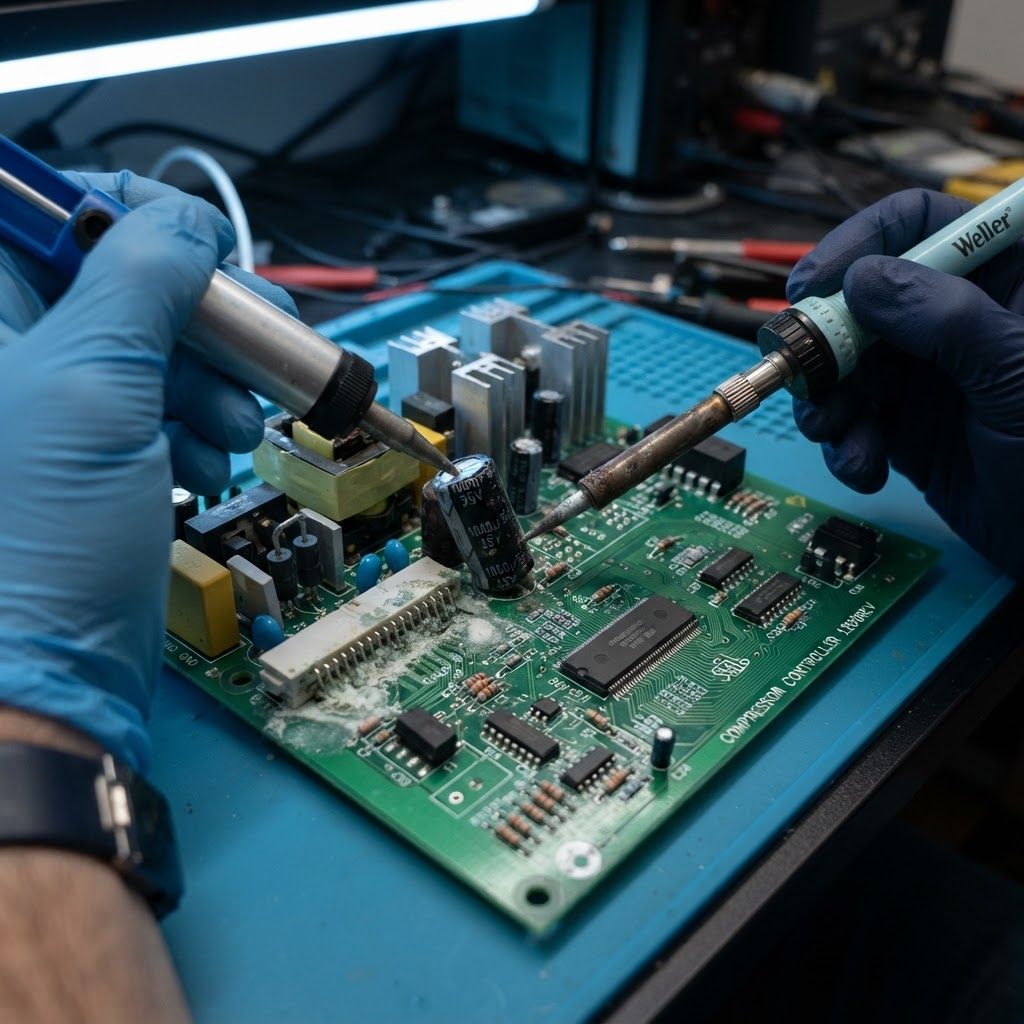 Otvorená riadiaca jednotka kompresora — doska PCB s nafúknutým elektrolytickým kondenzátorom a koróziou od kondenzácie vlhkosti, oprava na úrovni komponentov