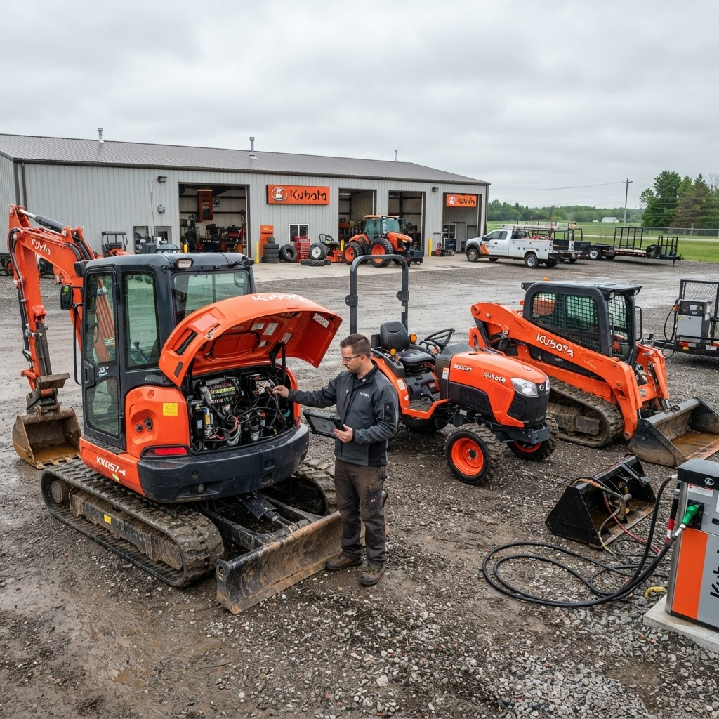 Rypadlo, traktor a nakladadlo Kubota na servisním dvoře, technik kontroluje otevřenou elektrickou skříň s diagnostickým tabletem