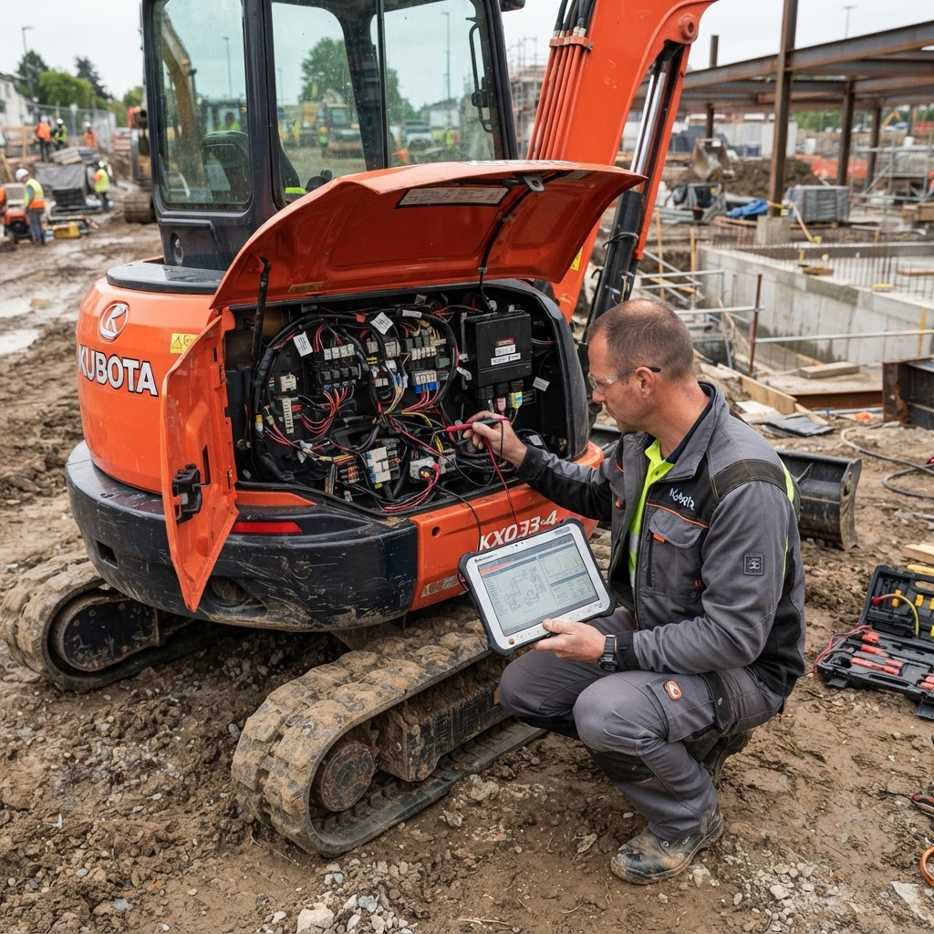 Kubota mini excavator with the electrical panel access door open, wiring harness and main controller visible on a construction site