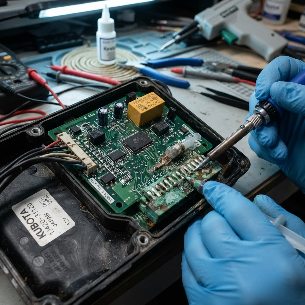 Centralina Kubota aperta — PCB, connettore corroso dopo infiltrazione d'acqua, riparazione a livello di componente e saldatura