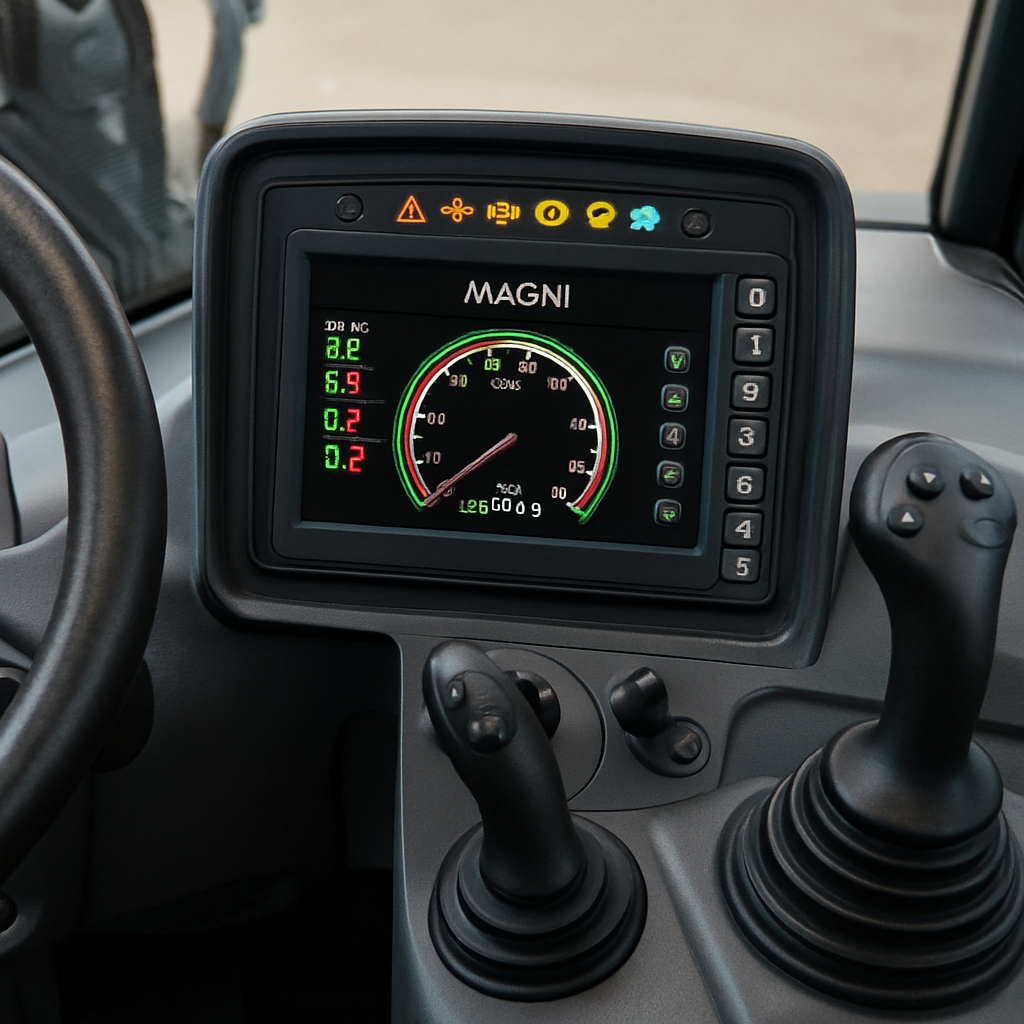 Magni RTH cab interior — LCD display, CAN bus diagnostics, LMI indicator, joystick
