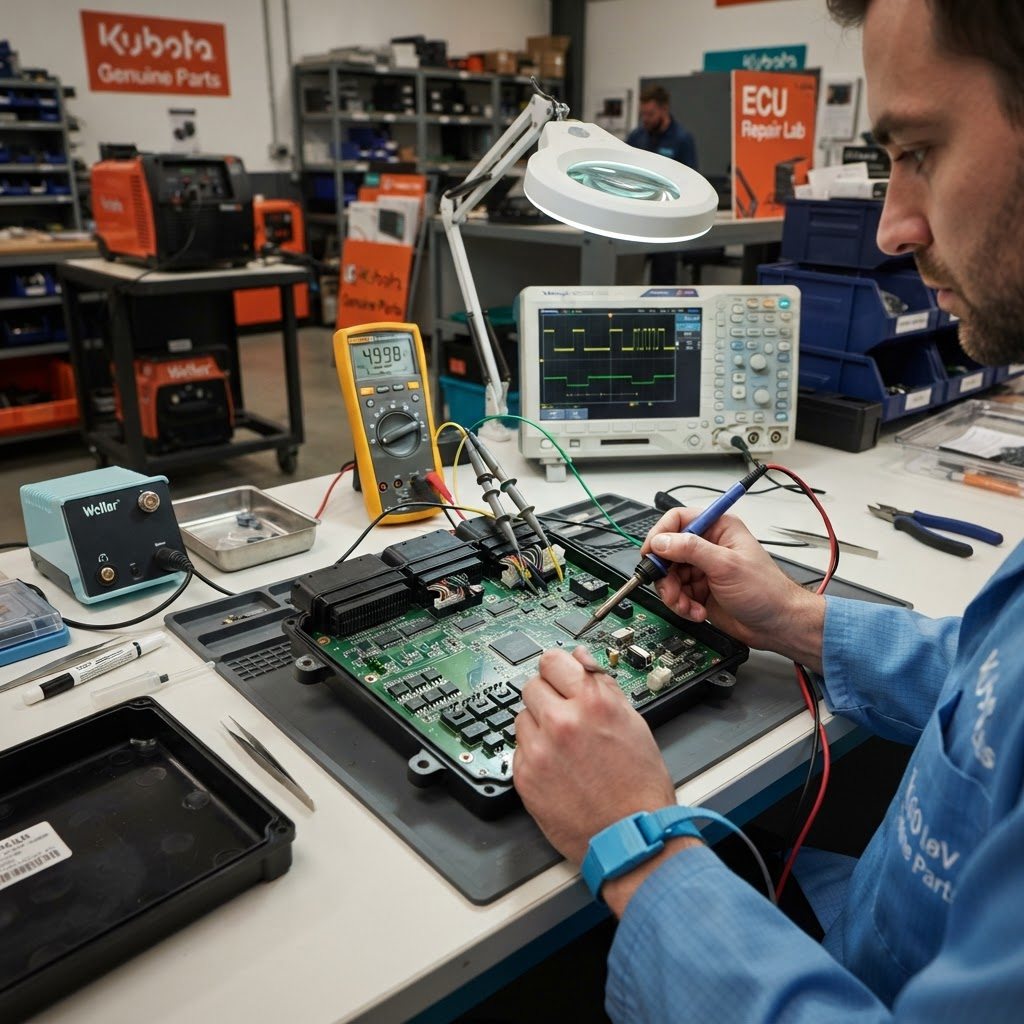 Repair of Kubota ECU Controller — Excavator KX016 KX040 KX080, U17 U35 U55, SVL65 SVL75 SVL95, Tractor M L B. E:030 Fault, No Start, DPF E:225. Poland, Europe.