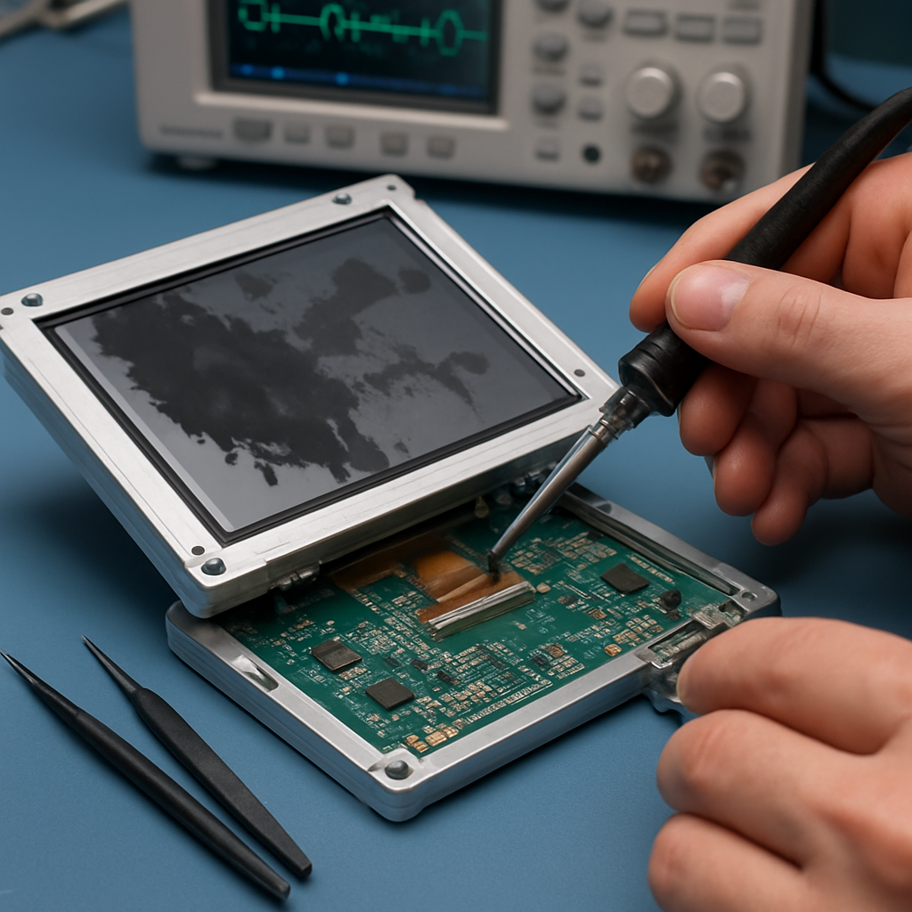 Oprava prumysloveho LCD TFT displeje — vymena matrice, diagnostika CAN J1939, servis Naviop Genius 7G