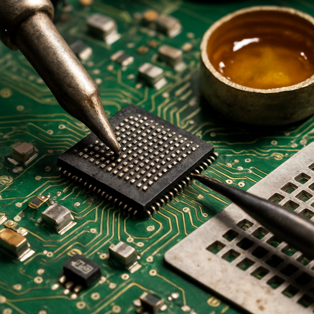 BGA reball on PLC controller — microscope, BGA ball replacement, stencil