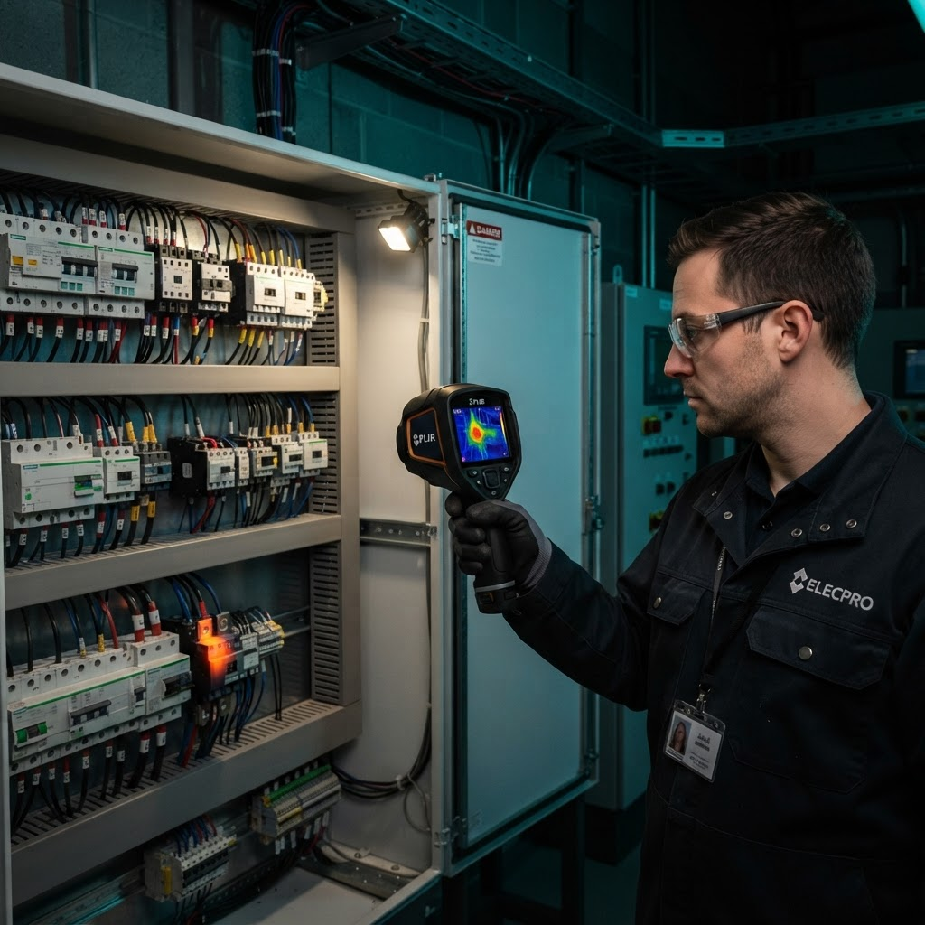 Technik z kamerą termowizyjną skanujący otwartą szafę elektryczną, na ekranie kamery widoczny gorący punkt na jednym z połączeń