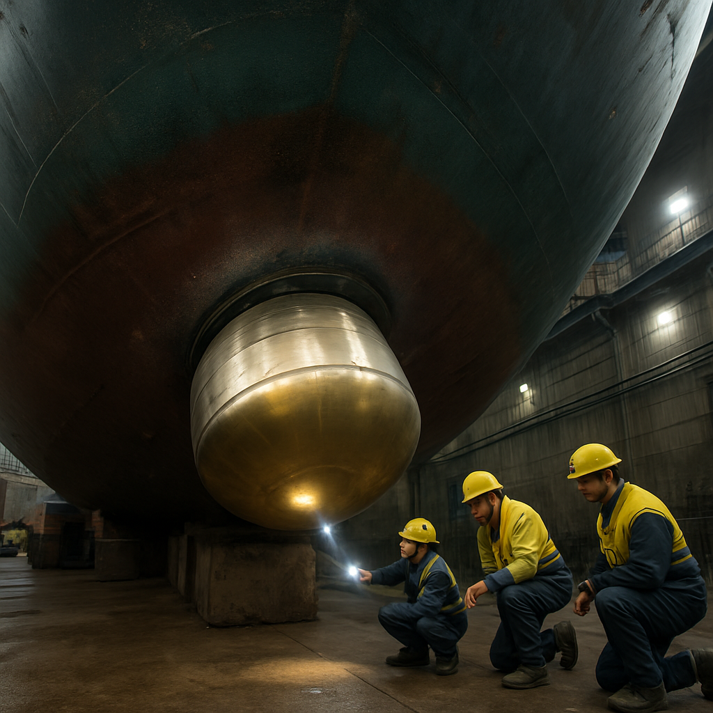 Przetwornik sonarowy kadłub statku dok suchy montaż inspekcja Kongsberg Furuno multibeam