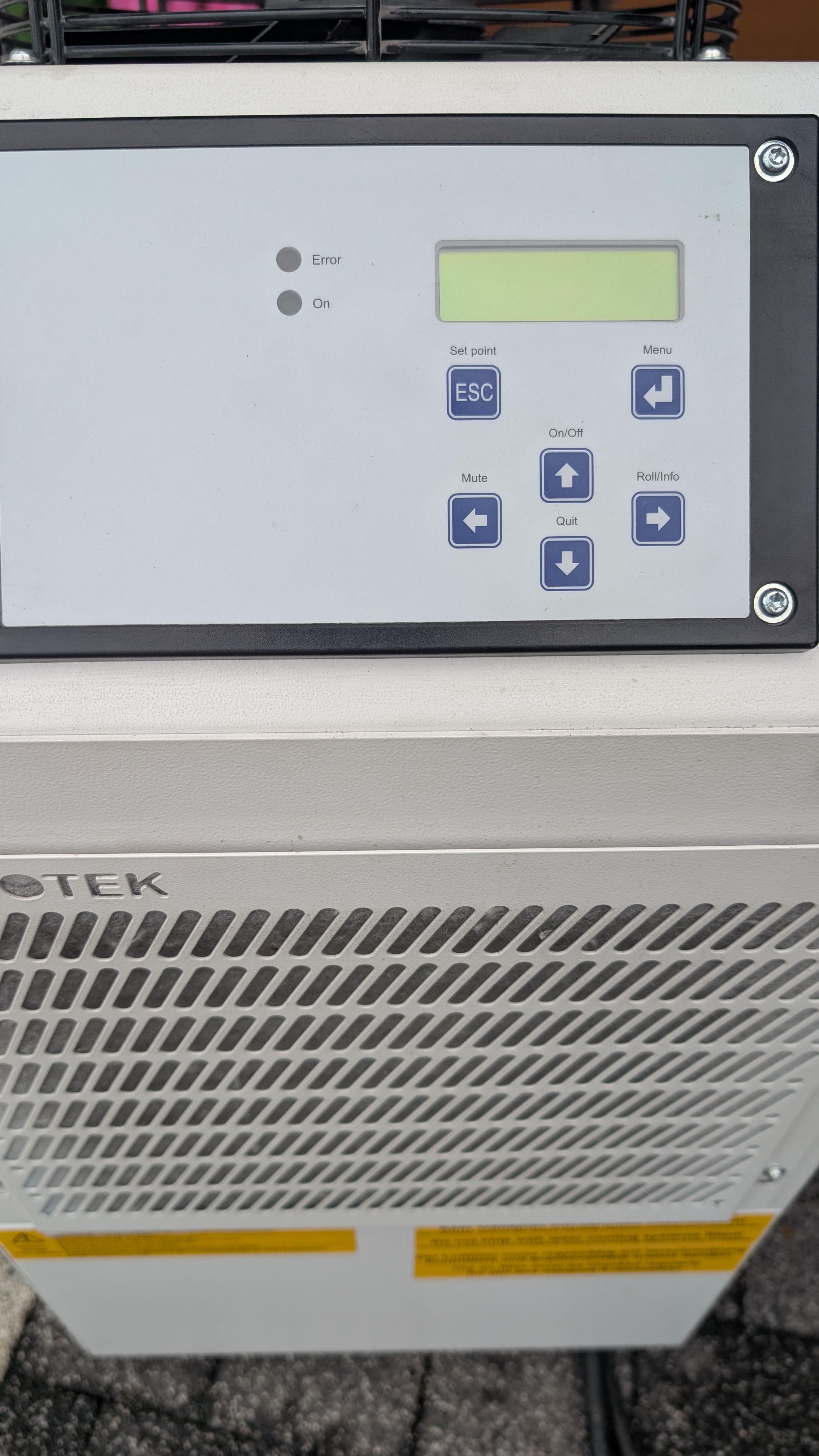 Termotek P802 front panel — LCD display, Set point, Menu, On/Off, Mute controls