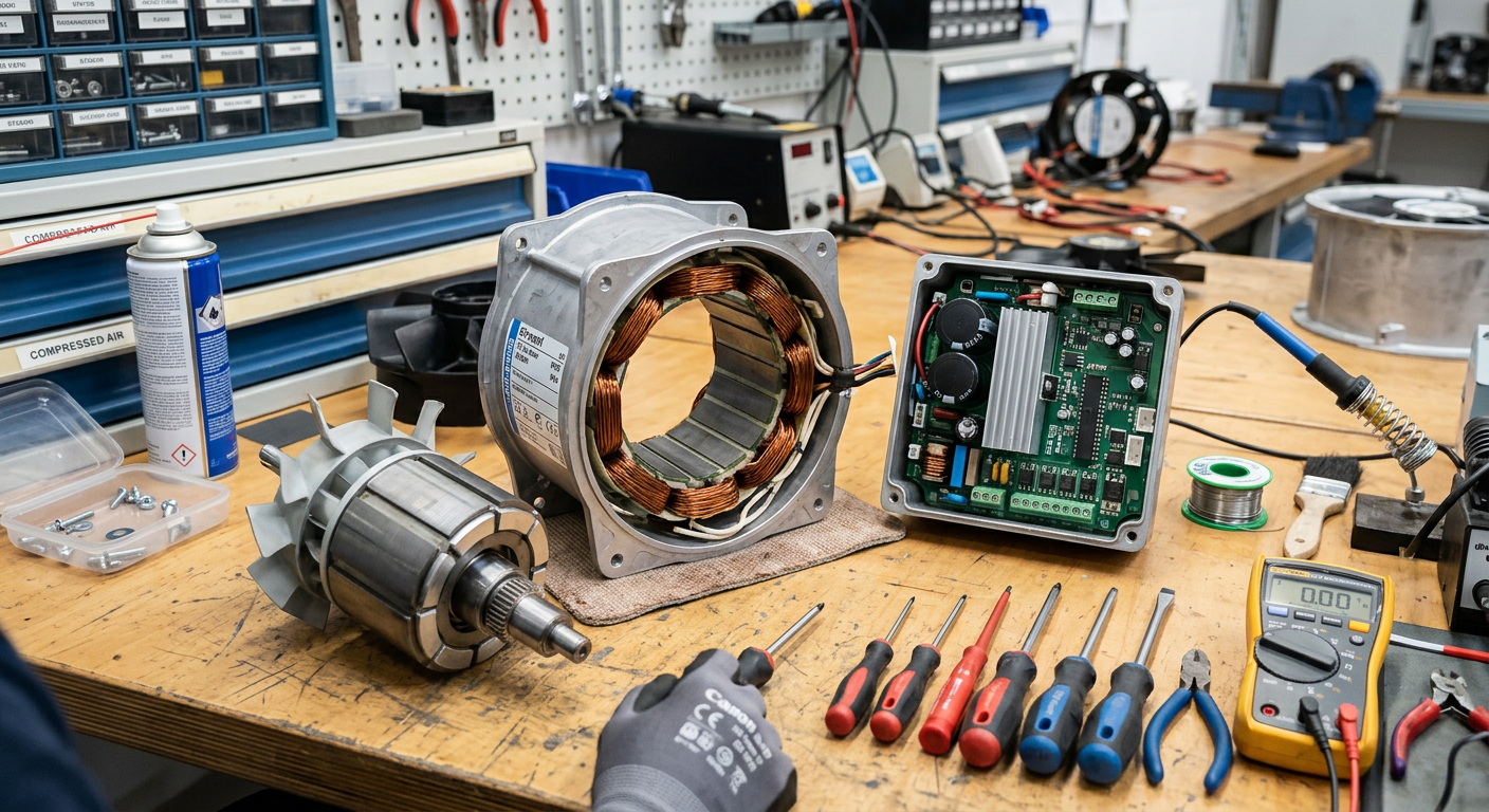 Demontovaný motor EC ventilátoru s integrovanou elektronikou měniče na dílenském stole